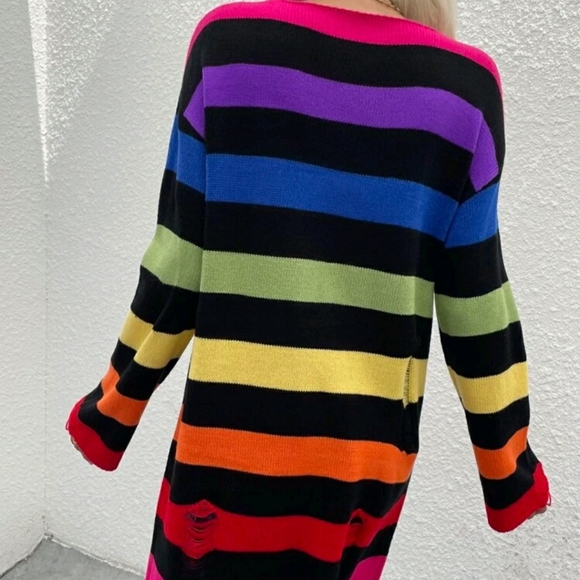 Drop Shoulder Rainbow Striped Pattern Sweater Dress - Picture 3 of 11